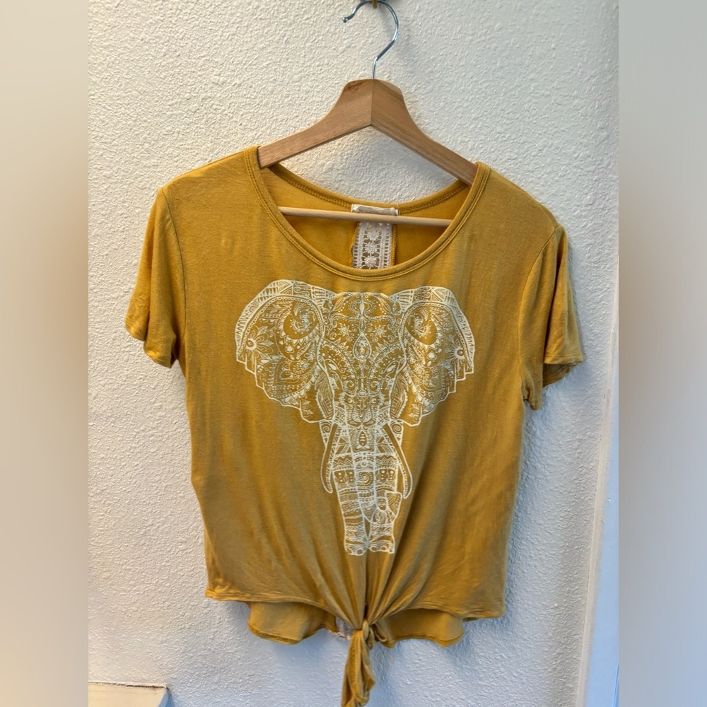 Mustard Yellow Elephant Graphic Knot-Front Women's Tee